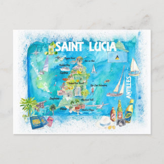 Saint Lucia Antilles Illustrated Caribbean Travel Vykort