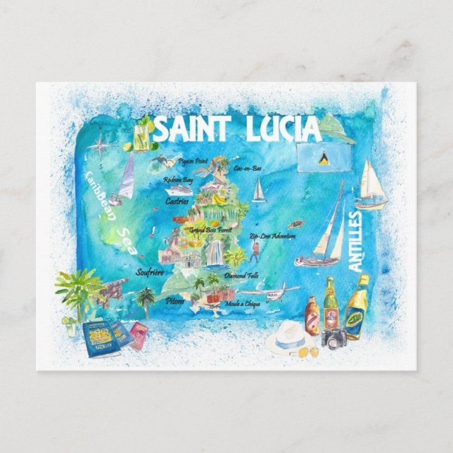 Saint Lucia Antilles Illustrated Caribbean Travel  Vykort (Framsida)