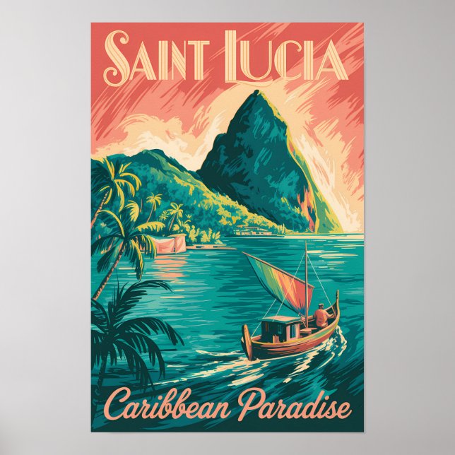 Saint Lucia båtillustration Resa Konst Vintage Poster (Framsidan)