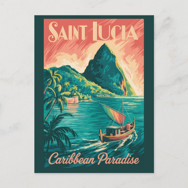 Saint Lucia båtillustration Resa Konst Vintage Vykort (Framsida)