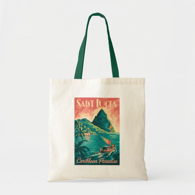 Saint Lucia båtillustration resekonst vintage Tygkasse (Framsidan)