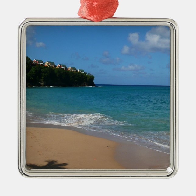 Saint Lucia Beach Tropical Vacation liggande Julgransprydnad Metall (Framsidan)