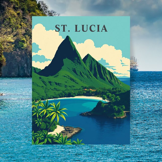 Saint Lucia Caribbean Retro Travel Art Vykort (St. Lucia Caribbean Retro Travel Art Postcard)