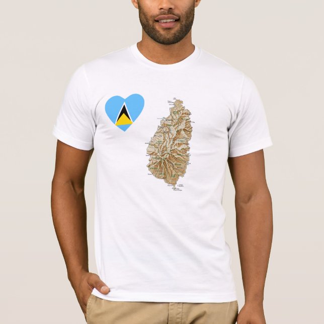 Saint Lucia Flagga Heart och Karta T-Shirt (Framsida)