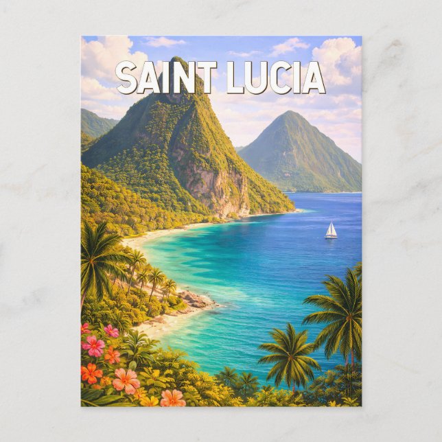 Saint Lucia Illustration Resa Konst Vintage Vykort (Framsida)