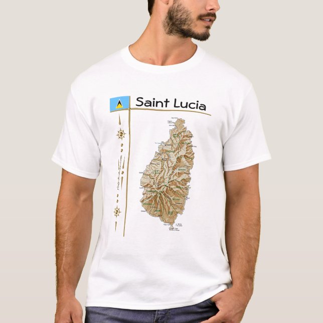 Saint Lucia Karta + Flagga + avdelning T-Shirt (Framsida)
