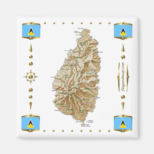 Saint Lucia Karta + Flaggor Magnet