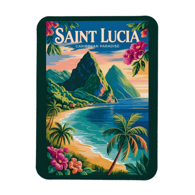 Saint Lucia Pitons Illustration Resa Konst Vintage Magnet (Vertikal)