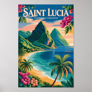 Saint Lucia Pitons Illustration Resa Konst Vintage Poster