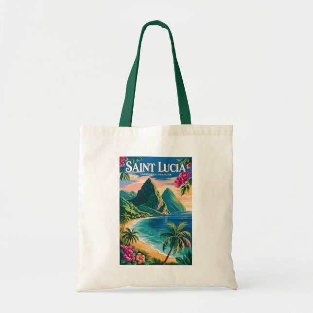 Saint Lucia Pitons Illustration Resa Konst Vintage Tygkasse (Framsidan)