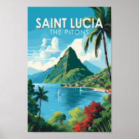 Saint Lucia The Pitons Travel Art Vintage