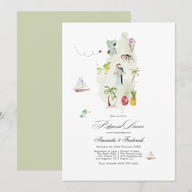 Saint Lucia Tropical Watercolor Rehearsal Middag Inbjudningar (Fram/baksida)