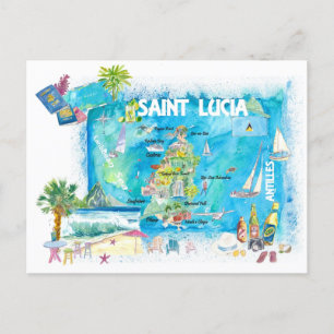 Saint Lucia Väster Indies Illustrated Karta Vykort