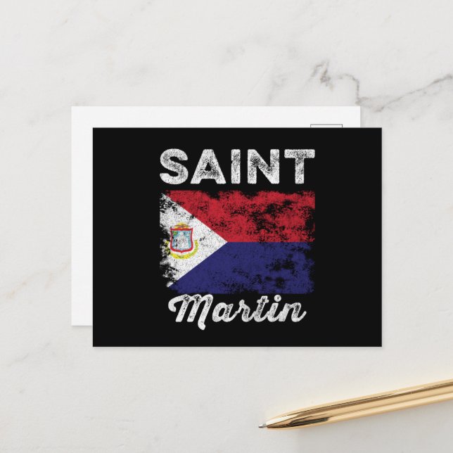 Saint Martin Flagga Distress Vykort (Fram/Back In Situ)