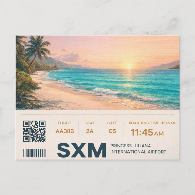 Saint Martin SXM Boarding Pass Sunset Vykort (Framsida)
