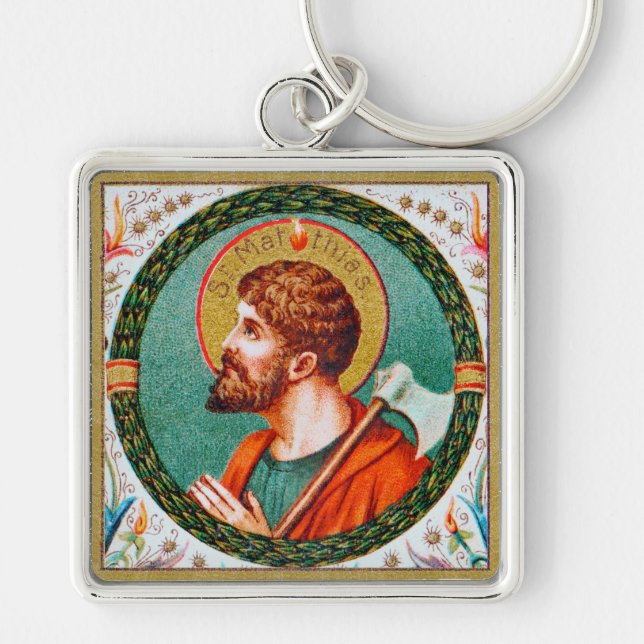 Saint Matthias Apostle (JMAS 09) Fyrkantig Silverfärgad Nyckelring (Framsidan)