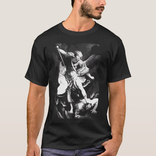 Saint Michael Archangel Angel Catholique Patron T Shirt (Framsida)