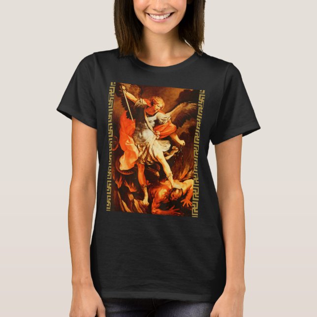Saint Michael Defeating Satan Archangel Warrior  T Shirt (Framsida)