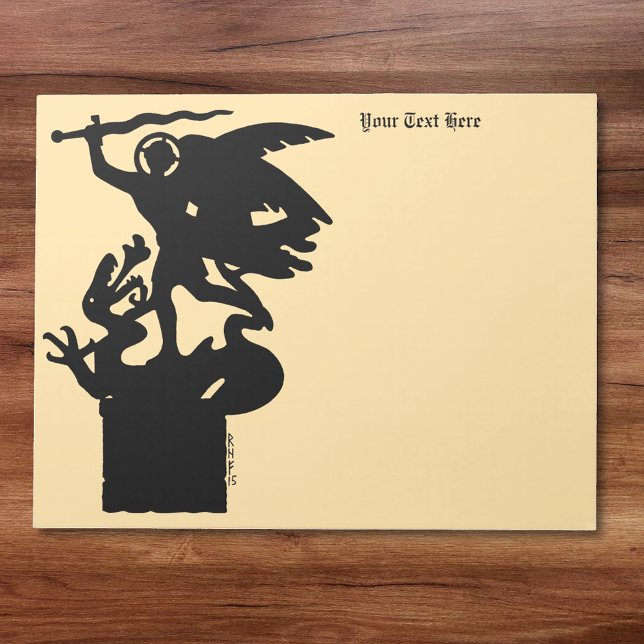 Saint Michael och Dragon Anteckningsblock (Saint Michael and Dragon Notepad on Wooden Desk)
