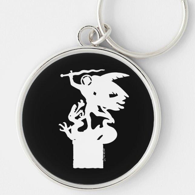 Saint Michael och Dragon (i vitt) Rund Silverfärgad Nyckelring (Framsidan)