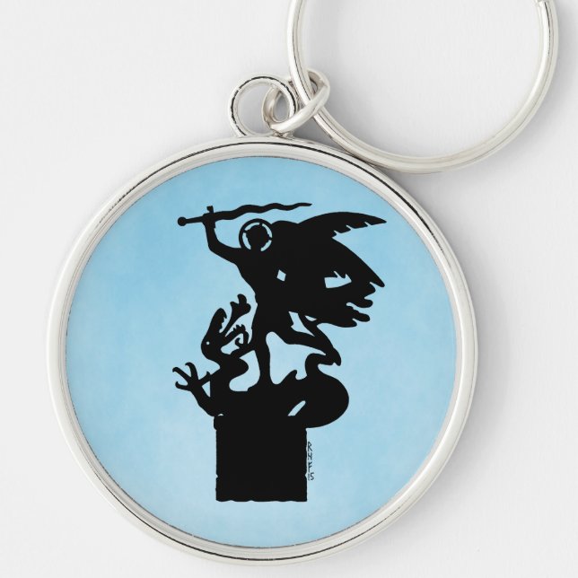Saint Michael och Dragon Rund Silverfärgad Nyckelring (Framsidan)