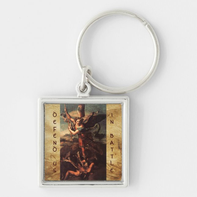 SAINT MICHAEL VANGUISHING SATAN FYRKANTIG SILVERFÄRGAD NYCKELRING (Framsidan)