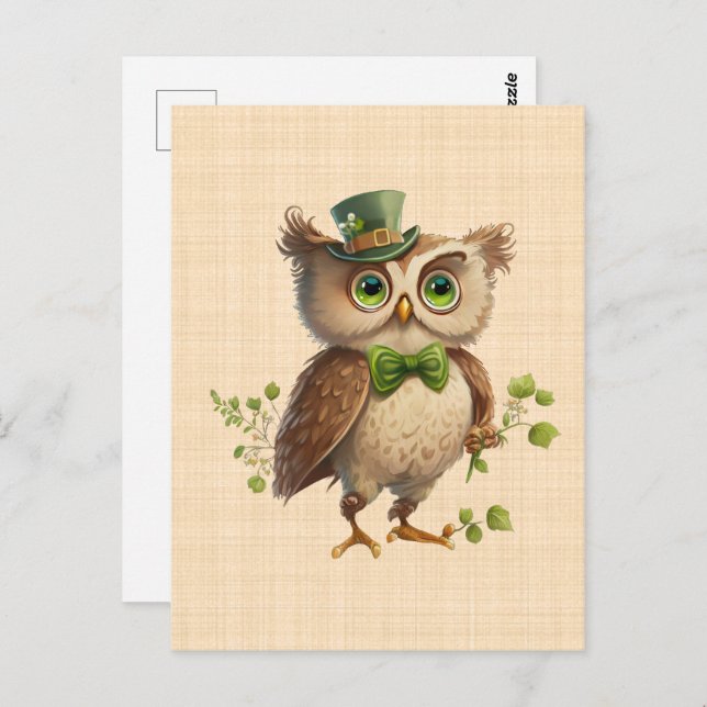 Saint Patrick - Chouette portant chapeau vert  Vykort (Fram/baksida)