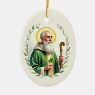 Saint Patrick Vattenfärgporträtt i lövkrans Julgransprydnad Keramik