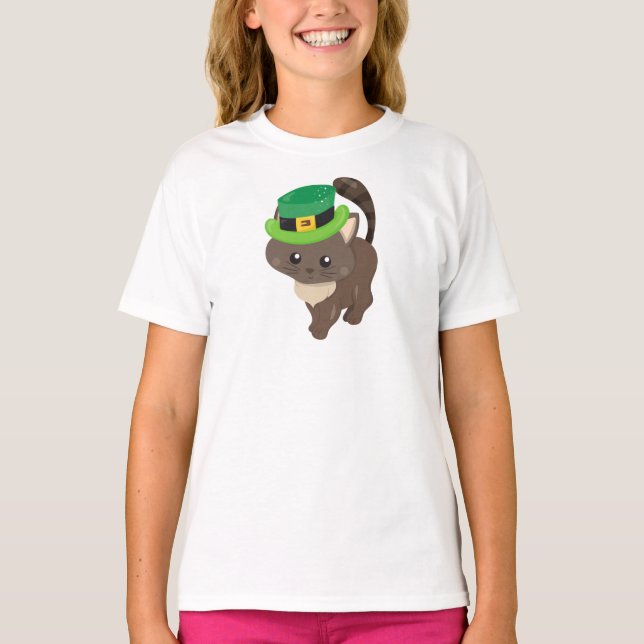 Saint patrick's day, brunt katt, Leprechaun Hat T Shirt (Framsida)