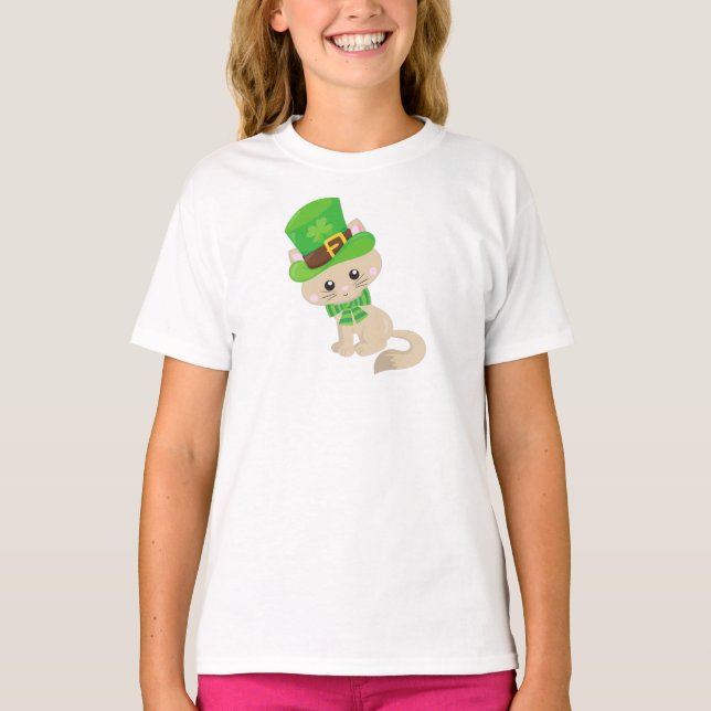Saint patrick's day Cat, Leprechaun Hat, Klöver T Shirt (Framsida)