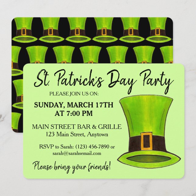 Saint patrick's day Grönt Leprechaun Tophat Party Inbjudningar (Fram/baksida)