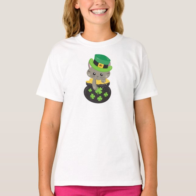 Saint patrick's day Katt, Klöver, DEL Guld T Shirt (Framsida)