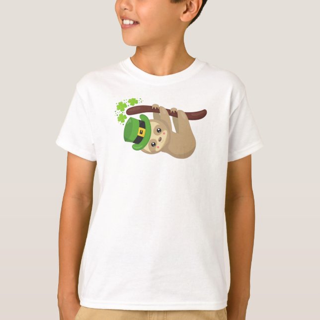 Saint patrick's day Sloth, Leprechaun Hat, Klöver T Shirt (Framsida)