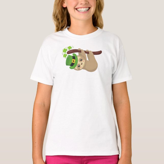 Saint patrick's day Sloth, Leprechaun Hat, Klöver T Shirt (Framsida)