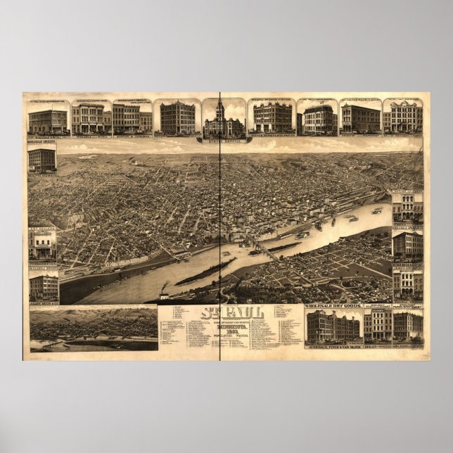 Saint Paul Minnesota 1883 Antique Panoramic Karta Poster (Framsidan)