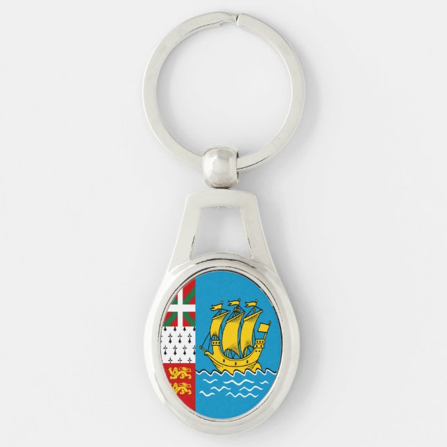 Saint Pierre och Miquelons flagga Ovalt Silverfärgad Nyckelring (Framsidan)