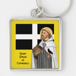 Saint Piran av Cornwall (SAE 01) och Hans Flagga Fyrkantig Silverfärgad Nyckelring