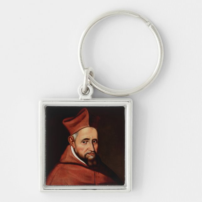Saint Robert Bellarmin Fyrkantig Silverfärgad Nyckelring (Framsidan)