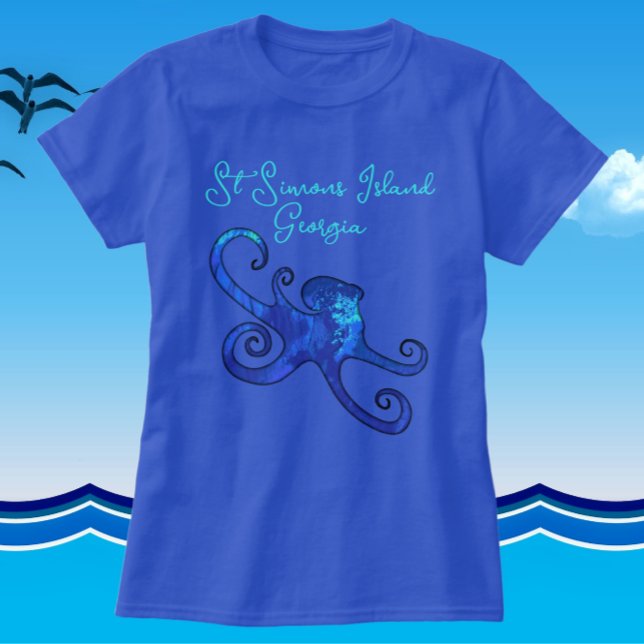 Saint Simons Island Georgia Blue Octopus T Shirt (Shirt and lettering color choices available.)