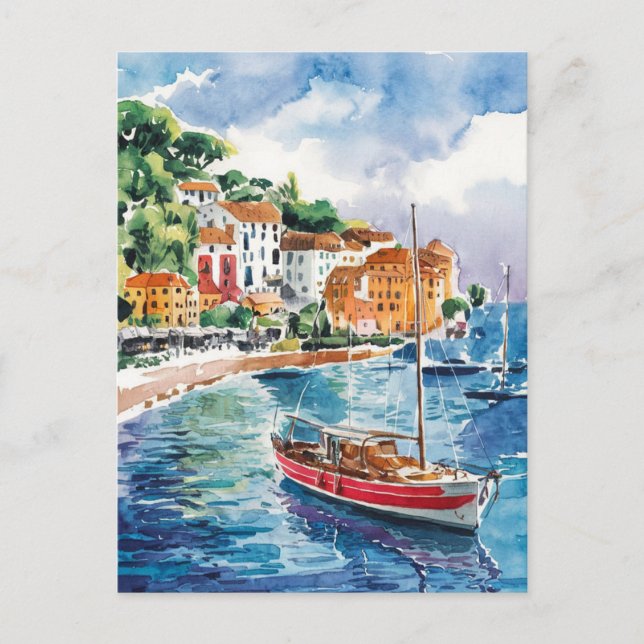 Saint Tropez Frankrike Watercolor Painting Vykort (Framsida)