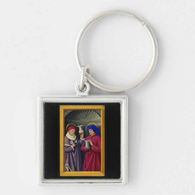 Saints Cosmas och Damian av Jean Bourdichon Fyrkantig Silverfärgad Nyckelring (Framsidan)
