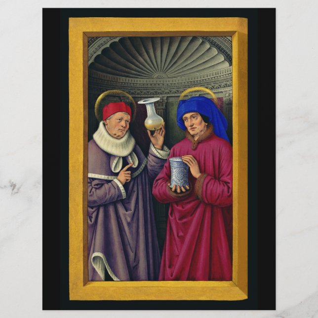 Saints Cosmas och Damian av Jean Bourdichon Reklamblad (Framsidan)