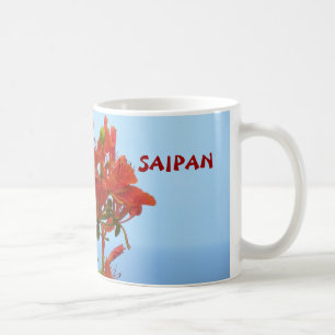 Saipan flammar blommar på ett hav av blått kaffemugg