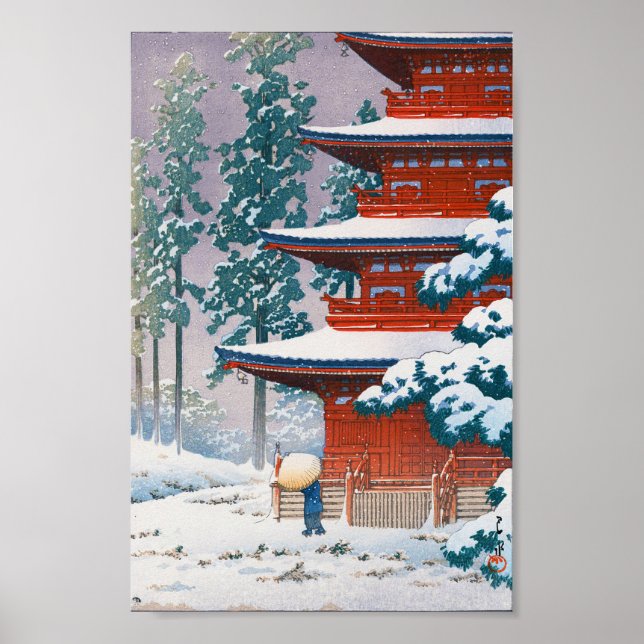 Saishoin Temple i Snö, Hasui Kawase, Woodcut Poster (Framsidan)