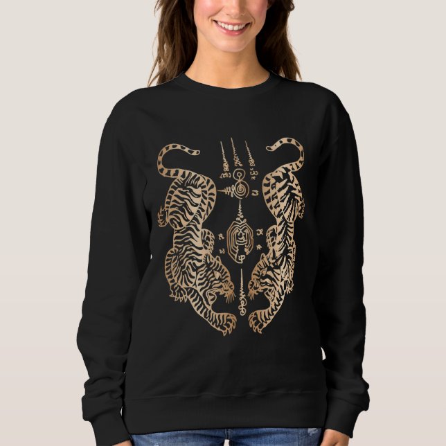 Sak Yant Thai Tattoo Twin Tiger Muay Magic Thail T Shirt (Framsida)