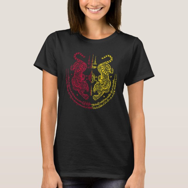 Sak Yant Thai Tattoo Twin Tiger Muay Magical Thail T Shirt (Framsida)