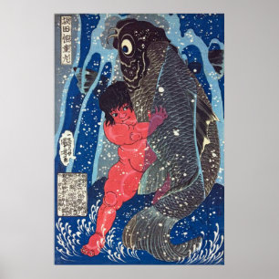 Sakata Kaidō-maru brottas med en jätte- carp Poster