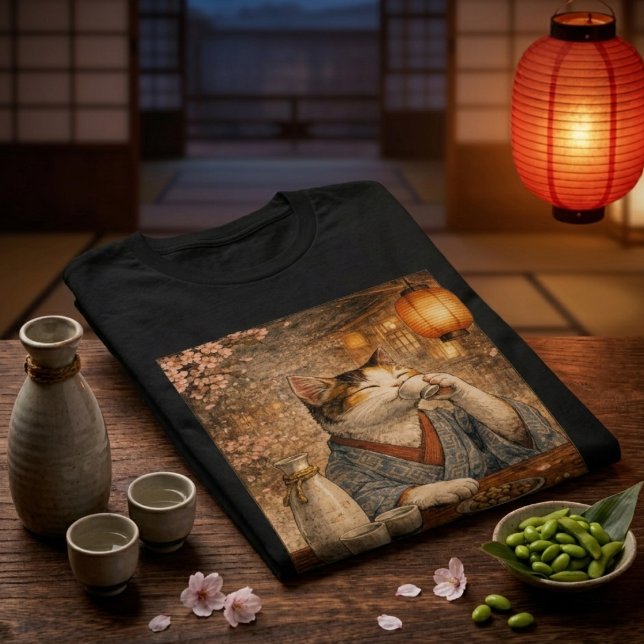 Sake-drickande katt i japansk tehus t shirt (Skapare uppladdad)