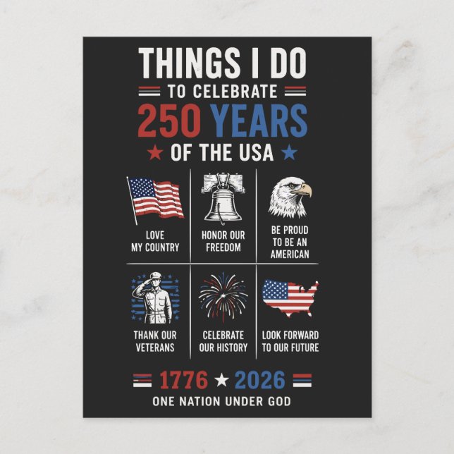 Saker jag firar 250 år USA 1776 Vykort (Framsida)
