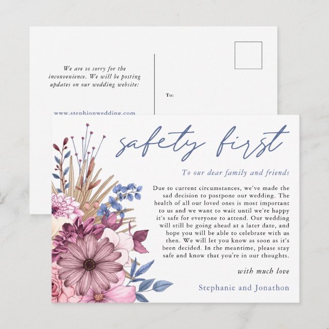 Säkerhet först bröllopsförsening COVID-blommor Meddelande Vykort (Fram/baksida)